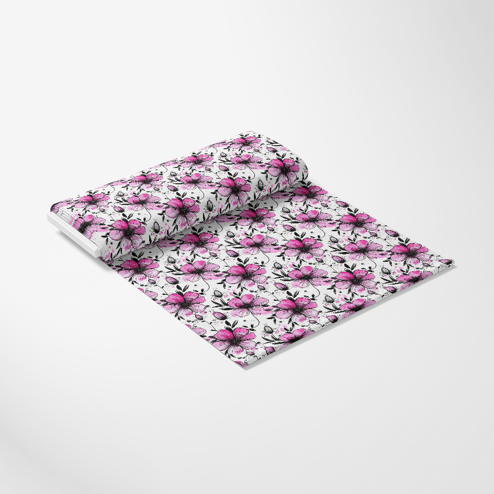 Inky Petals Pattern 7 Quilting Cotton Fabric - floral design, pink flowers, black and white accents, botanical print, quilting material, cotton textile, fabric yardage, soft texture, premium quilting cotton, decorative fabric, crafting fabric, sewing material, traditional style, vibrant colors.