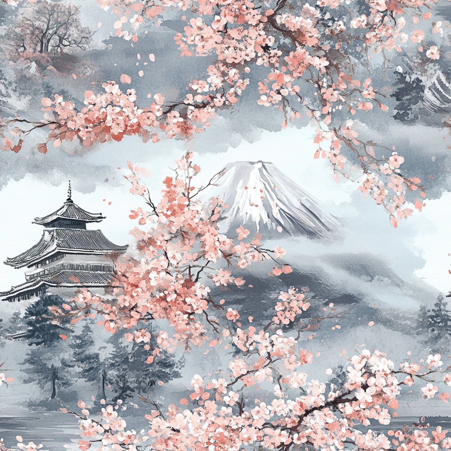 Japanese Cherry Blossom Fuji Pattern 3 Quilting Cotton Fabric