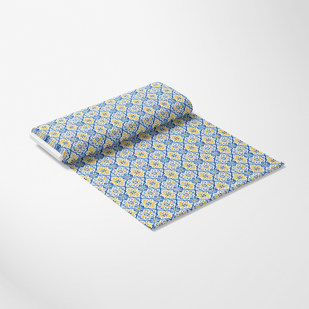- Mediterranean Lemon Azure Pattern 16 Quilting Cotton Fabric
- Blue and yellow floral design
- Geometric tile motif
- Quilting cotton textile
- Soft cotton material
- Fabric yardage roll
- Decorative Mediterranean style
- Lightweight, smooth texture
- Bright citrus-inspired colors
- Artisanal printed fabric