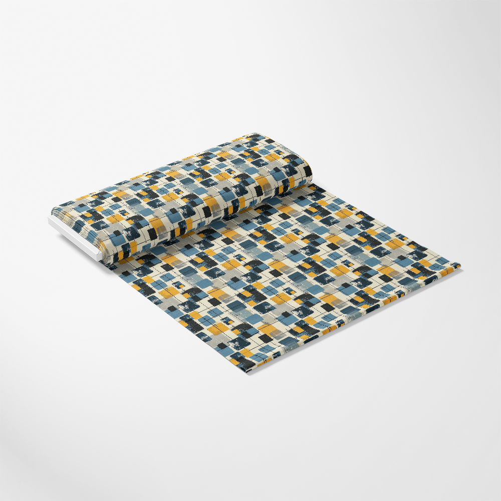 - Mid-Century Muse Pattern 2 Quilting Cotton Fabric
- geometric design
- abstract shapes
- mustard yellow, navy blue, light gray, white
- modern, vintage-inspired
- quilting, sewing, crafting
- cotton material
- textile yardage
- retro style
- mid-century modern fabric