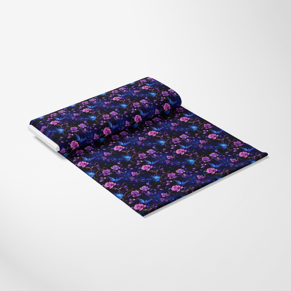 - Midnight Garden Pattern 2 Quilting Cotton Fabric
- dark floral design
- purple, blue, black colors
- cotton textile
- quilting fabric
- floral print
- fabric roll
- decorative fabric