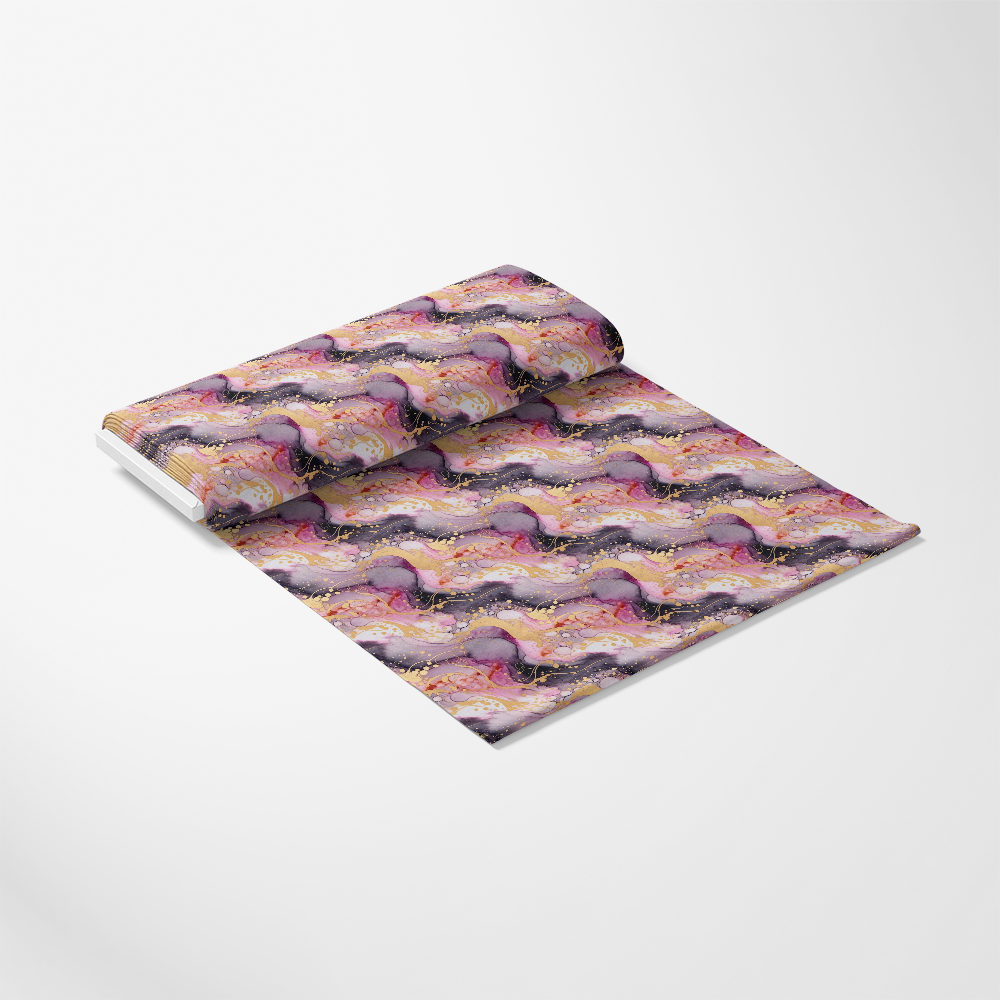 Modern Alcohol Ink Pattern 4 Quilting Cotton Fabric, quilting fabric, cotton material, colorful abstract design, purple, pink, black, gold accents, artistic texture, vibrant textile, premium cotton textile