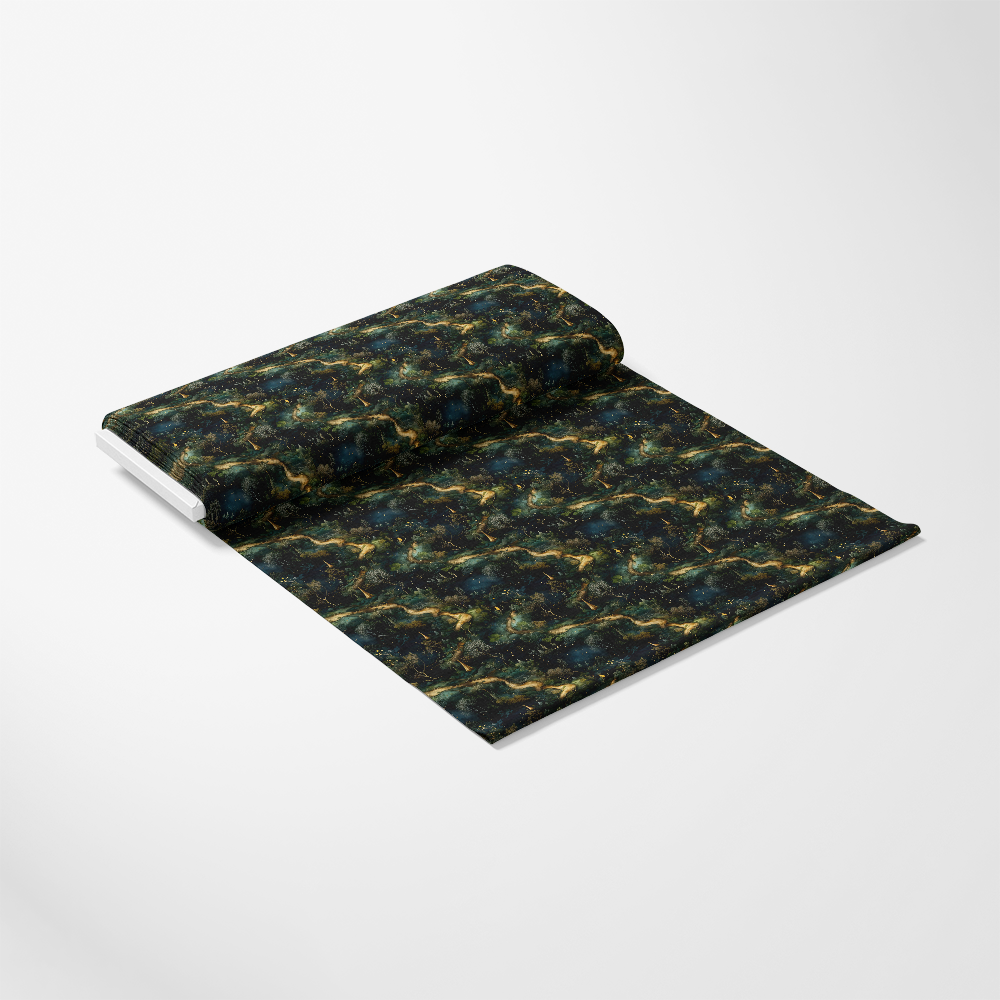 - Natures Tapestry Pattern 8 Quilting Cotton Fabric
- dark green, blue, gold, black colors
- nature-inspired, abstract, swirling design
- soft cotton textile, quilting material
- fabric by the yard, continuous length
- artistic, elegant, textured appearance