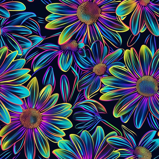 - Neon Daisy Pattern 14 Quilting Cotton Fabric  
- Vibrant multicolor daisy flowers  
- Glowing yellow, blue, purple petals  
- Dark background floral design  
- Bright, luminous, radiant blossoms  
- Quilting material, premium cotton  
- Decorative, artistic textile print