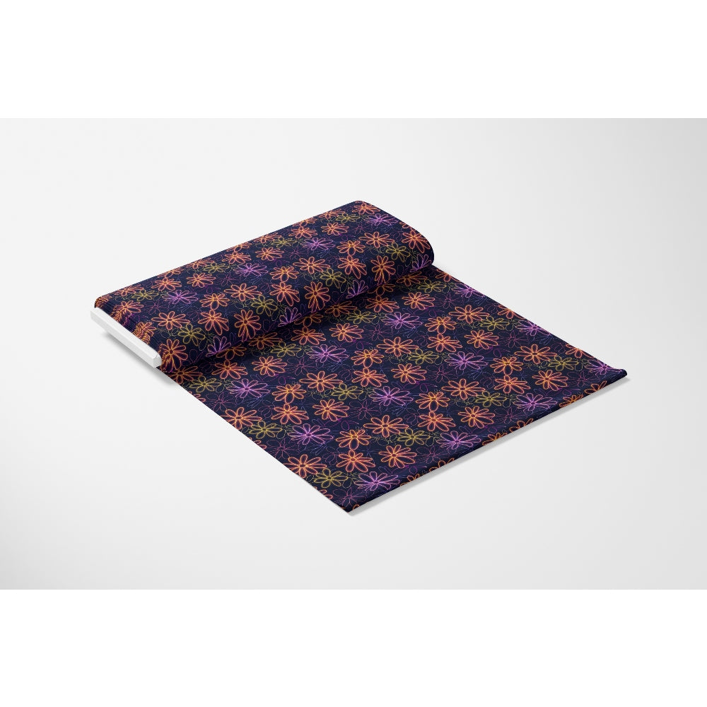 - Neon Daisy Pattern 18 Quilting Cotton Fabric
- Floral design
- Orange, pink, purple flowers
- Navy blue background
- Quilting, cotton material
- Fabric roll
- Yardage fabric
- Soft texture
- Premium quality fabric
- Traditional print style