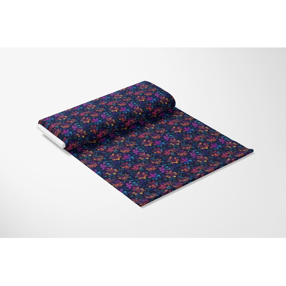 Neon Daisy Pattern 2 Quilting Cotton Fabric, bolt of fabric, floral design, daisy motifs, vibrant colors, purple background, pink flowers, orange accents, quilting material, cotton textile, craft fabric, sewing supply, soft texture, premium quality fabric, decorative cloth, colorful print, fabric yardage