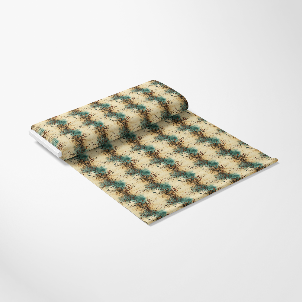 A roll of wallpaper with a repeating pattern of blue-green flowers and brown branches on a beige background, partially unrolled on a plain white surface.
