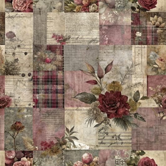 Patchwork pattern with floral motifs, vintage text, and plaid squares in muted colors. Various flowers, including roses, overlay textured backgrounds.