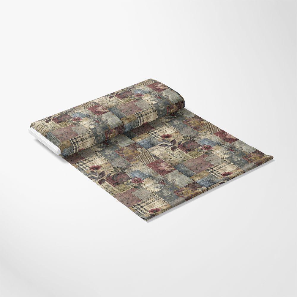 - Patched Memories Pattern 4 Quilting Cotton Fabric - quilted texture - cotton textile - patchwork design - vintage colors - muted reds - soft blues - beige tones - stitched squares - floral motifs - rustic style - fabric yardage - sewing material - craft fabric - multicolor cotton