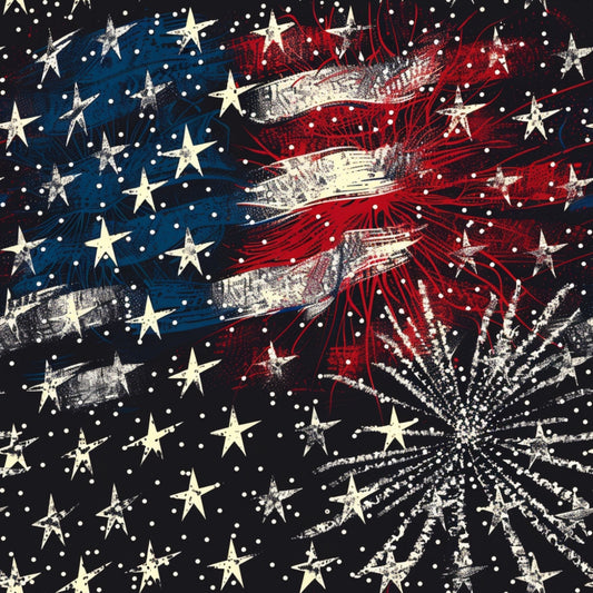 Abstract art of an American flag with stars and stripes, surrounded by fireworks on a dark background.