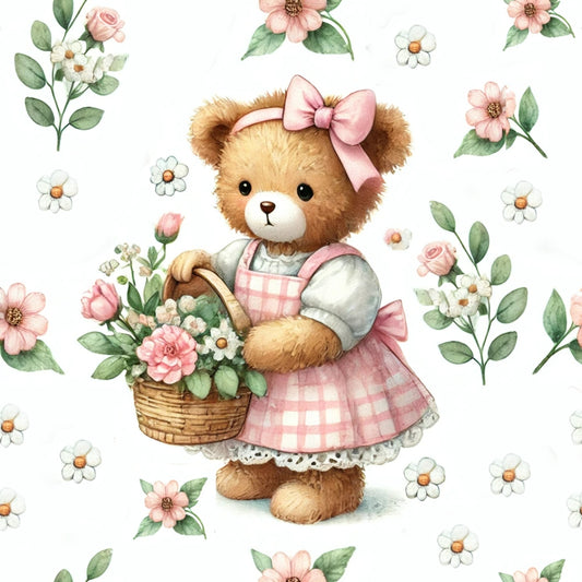 A teddy bear wearing a pink dress and bow holds a basket of flowers. The background features pink and white flowers with green leaves.
