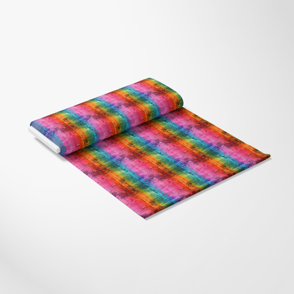 A roll of fabric with a vibrant, multicolored striped pattern featuring red, orange, yellow, green, blue, and purple hues, displayed on a plain white background.