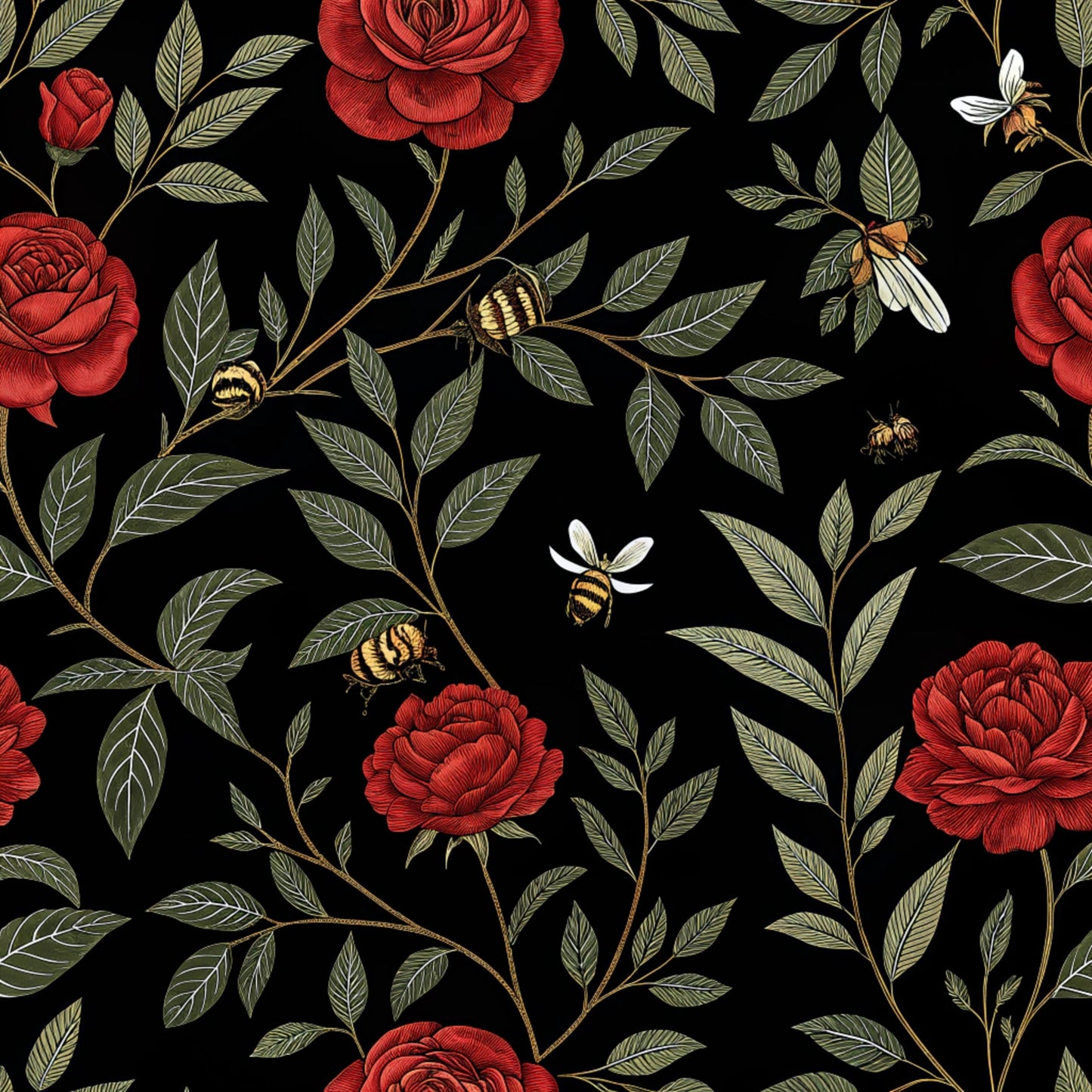 Red Roses and Bees Pattern 13 Quilting Cotton Fabric