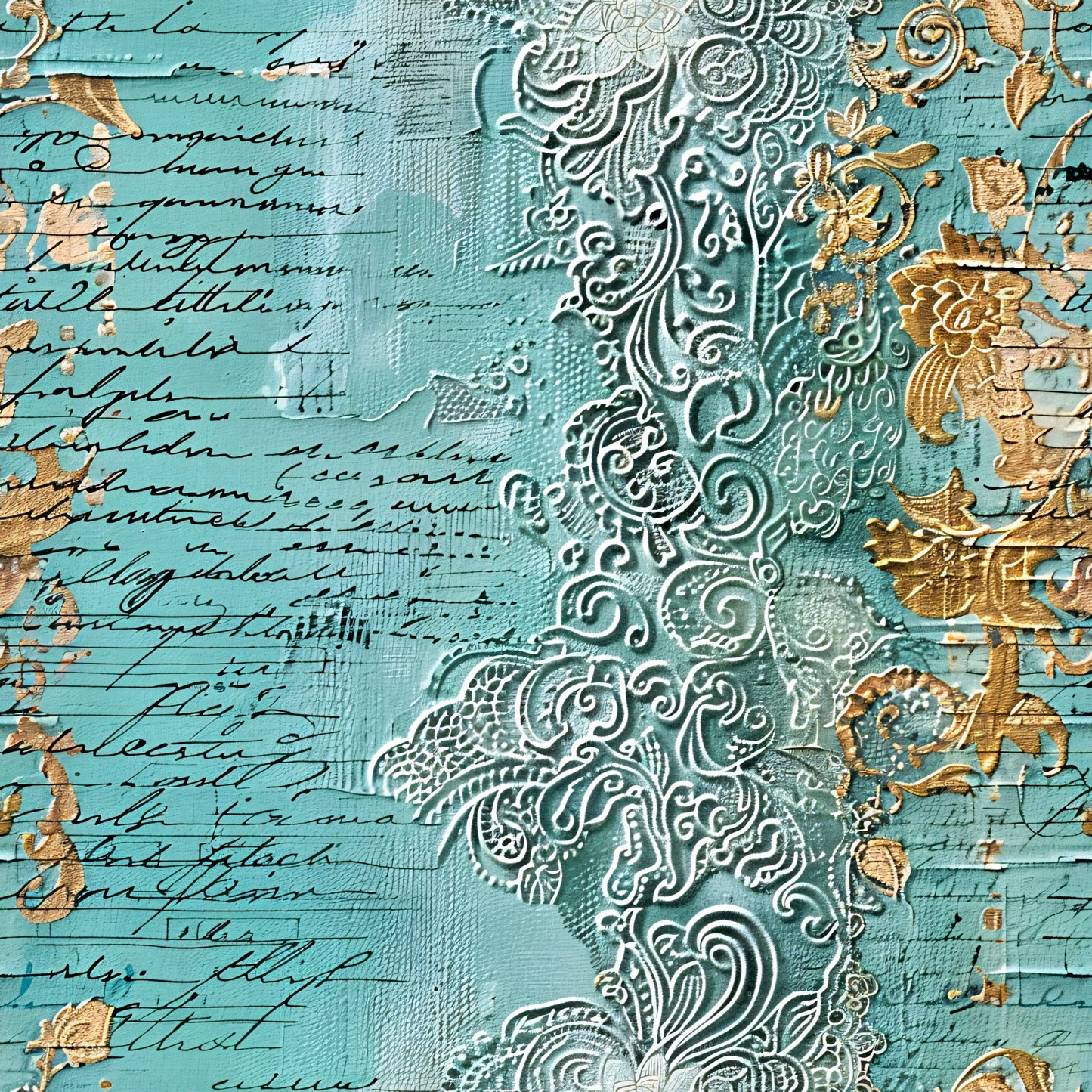 Romantic Rococo Turquoise Gold Pattern 12 Quilting Cotton Fabric