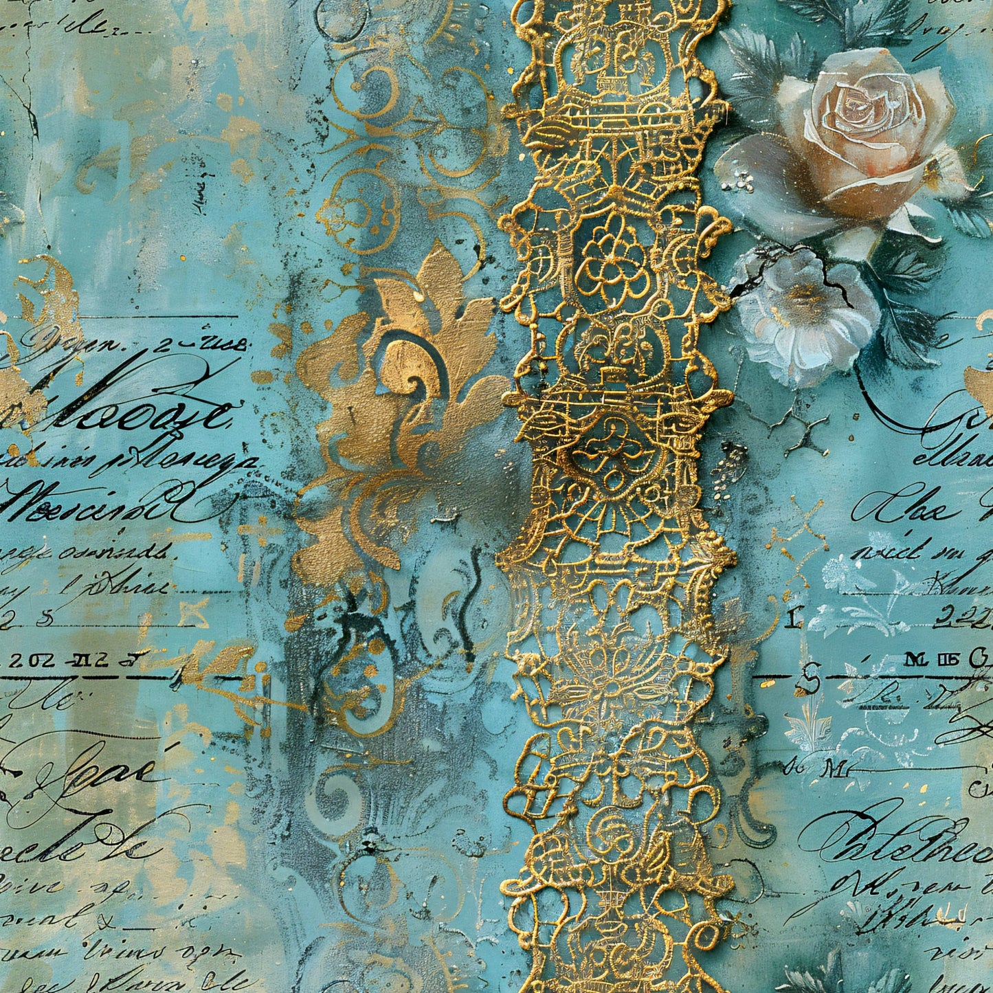 Romantic Rococo Turquoise Gold Pattern 3 Quilting Cotton Fabric