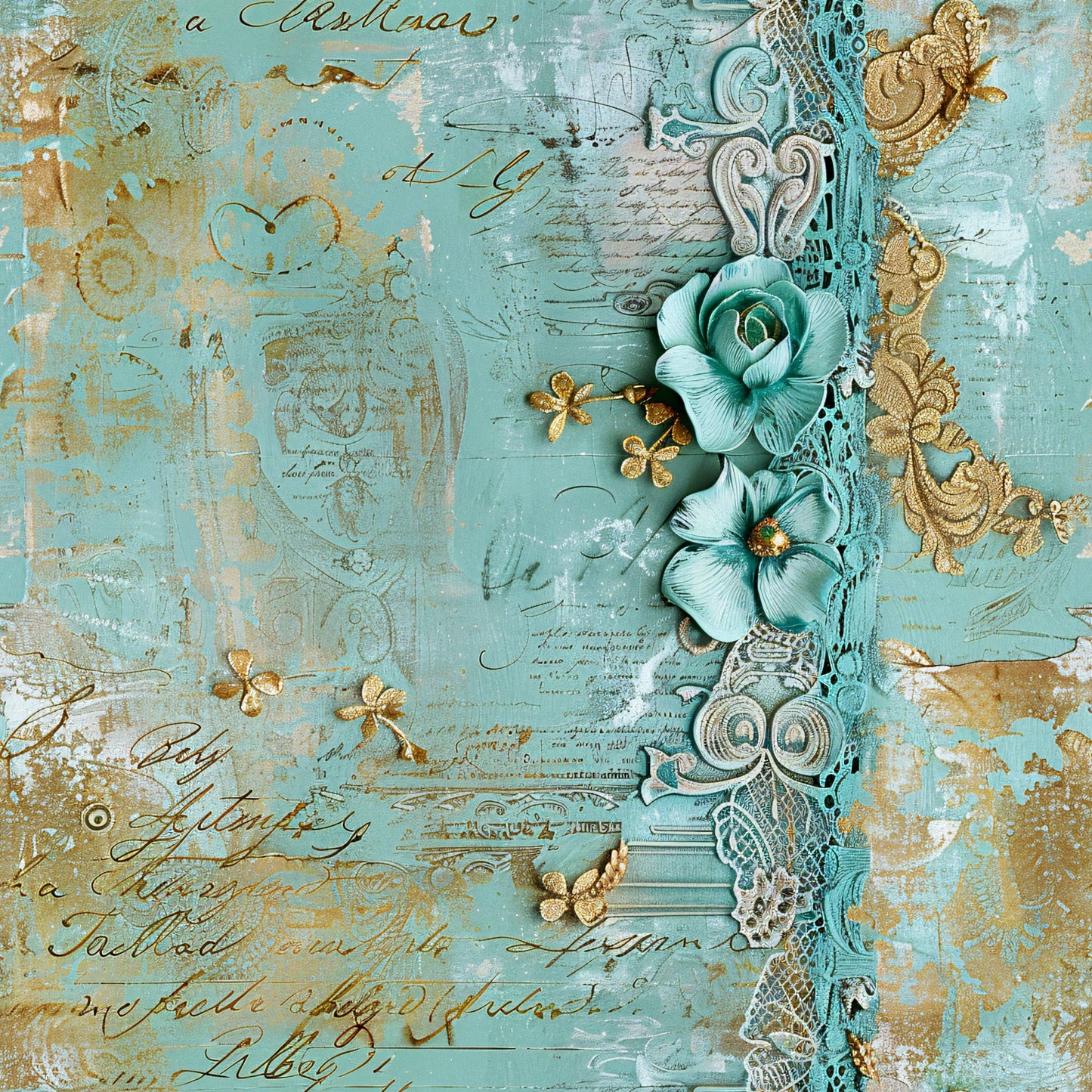 Romantic Rococo Turquoise Gold Pattern 5 Quilting Cotton Fabric