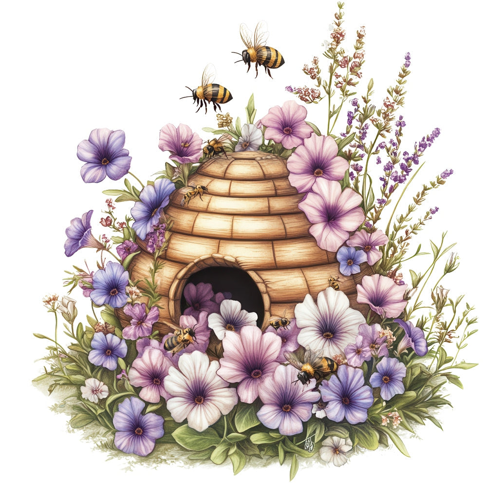 Rustic Beehive with Flowers Fabric Panel 11