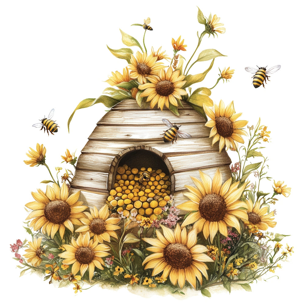 Rustic Beehive with Flowers Fabric Panel 28