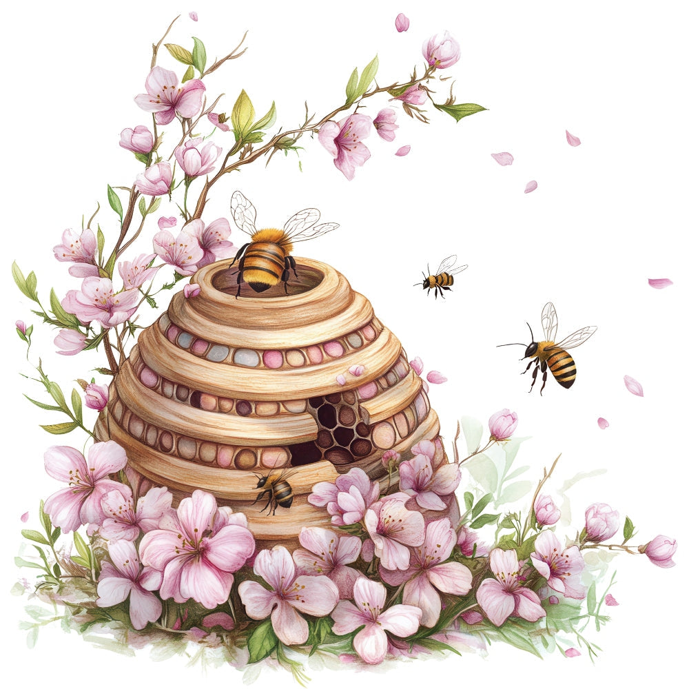 Rustic Beehive with Flowers Fabric Panel 3