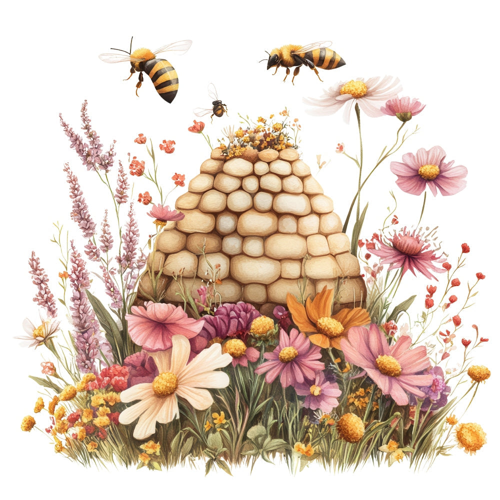Rustic Beehive with Flowers Fabric Panel 32