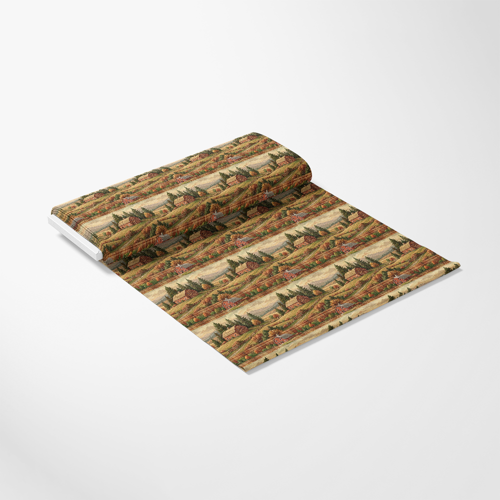 An open roll of wallpaper featuring a pattern of farmhouses, fields, and trees in warm, earthy tones on a white background.