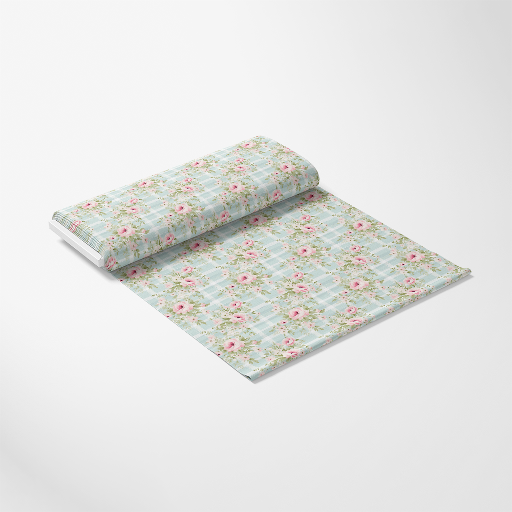 - Shabby Chic Floral Plaid Pattern 6 Quilting Cotton Fabric
- light blue background
- soft pink flowers
- green leaves
- vintage floral design
- classic plaid
- quilting cotton material
- delicate blossoms
- pastel colors
- elegant fabric roll