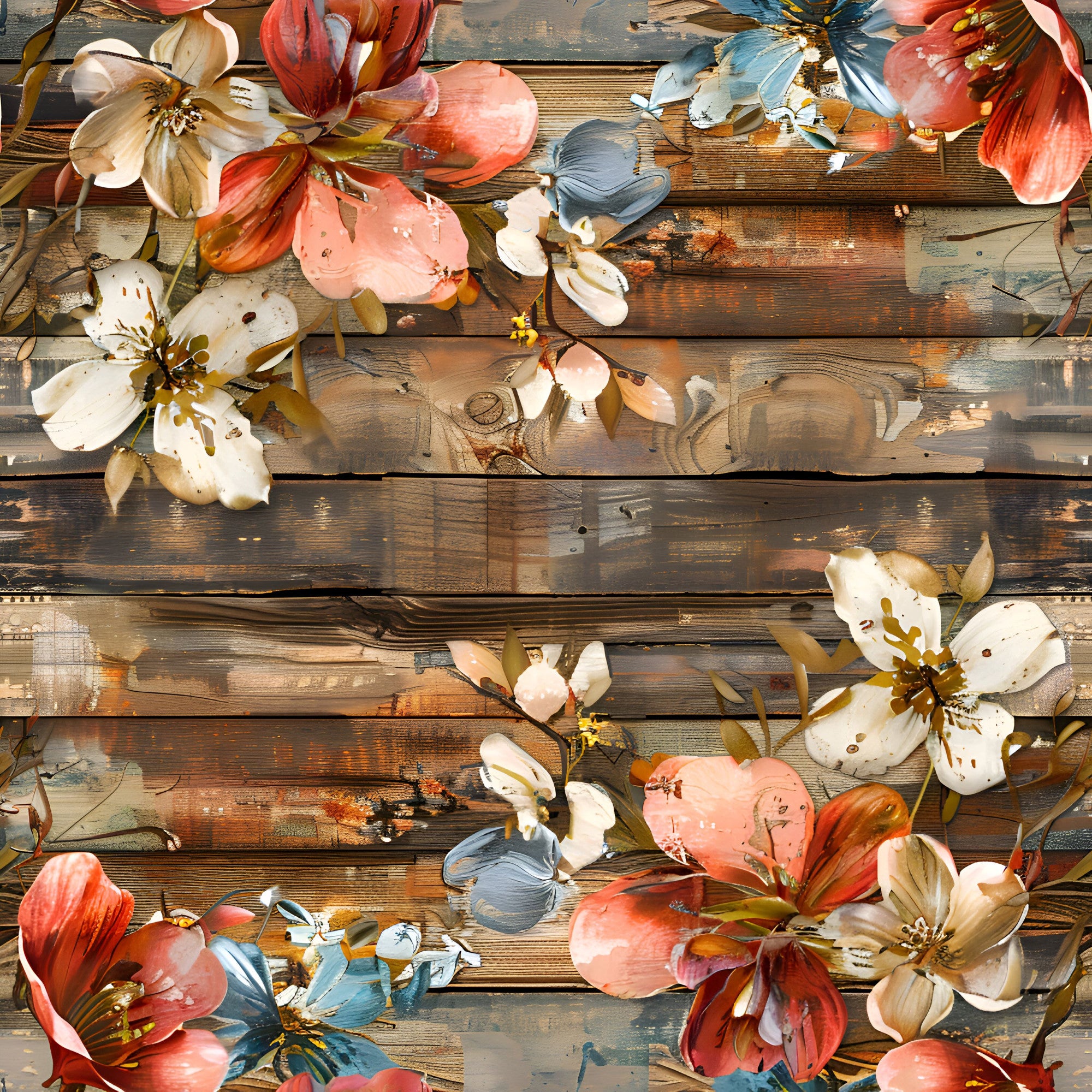 Spring Flowers Rustic Wood Background Pattern 4 Quilting Cotton Fabric ...