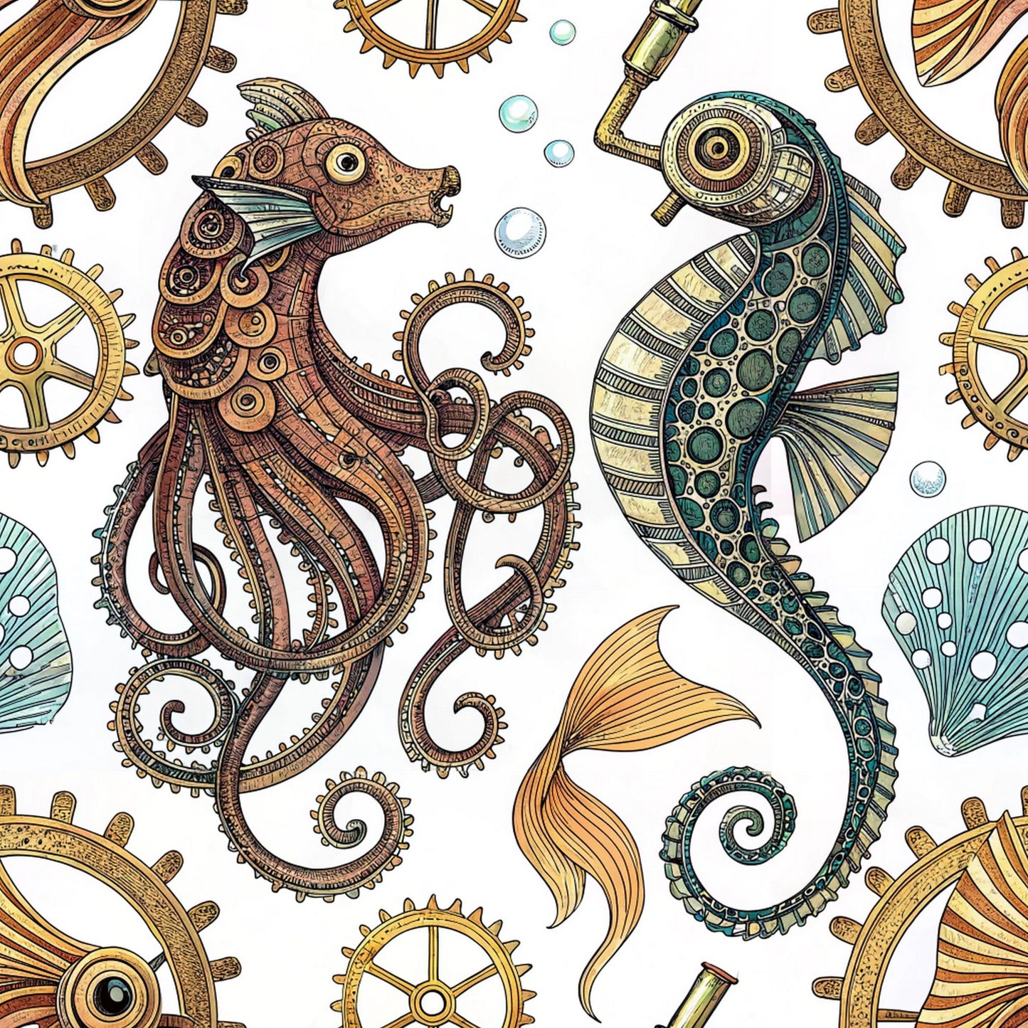 Steampunk Sea Creatures Pattern 1 Quilting Cotton Fabric