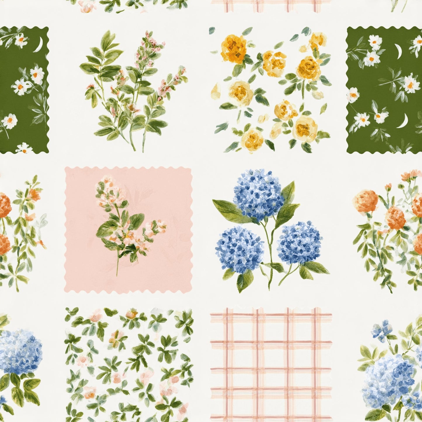 Summer Floral Grid Pattern 1 Quilting Cotton Fabric