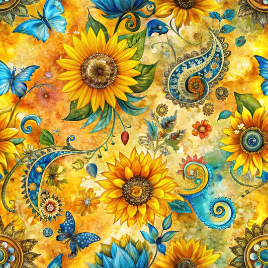Colorful pattern featuring sunflowers, blue butterflies, and paisley designs on a warm yellow background.