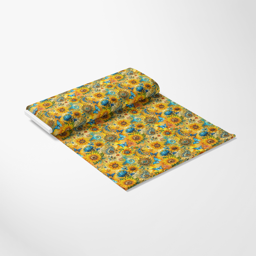 - Sunflower Fields Pattern 1 Quilting Cotton Fabric
- Sunflowers, yellow, blue accents
- Floral, botanical, nature-inspired
- Quilting, cotton, textile
- Vibrant, colorful, decorative
- Artistic, cheerful, bright
- Fabric roll, yardage, crafting material