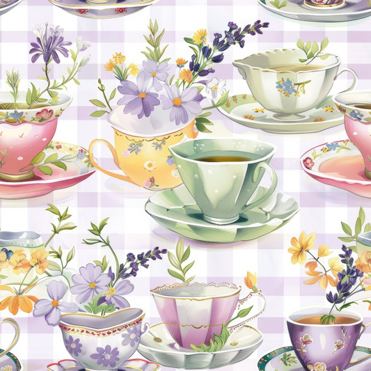 A pattern featuring various floral teacups filled with tea, each adorned with colorful flowers against a pastel checkered background.
