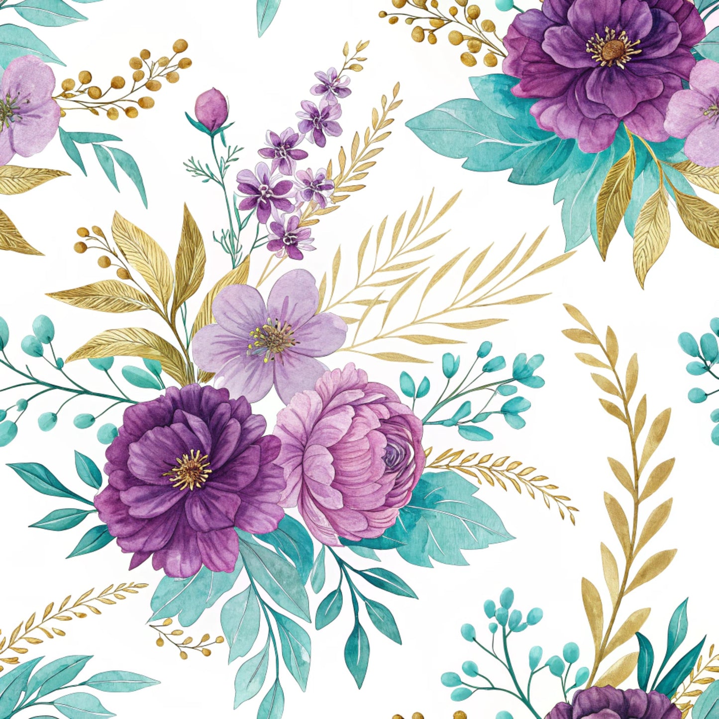 Teal and Purple Floral Pattern 1 Quilting Cotton Fabric