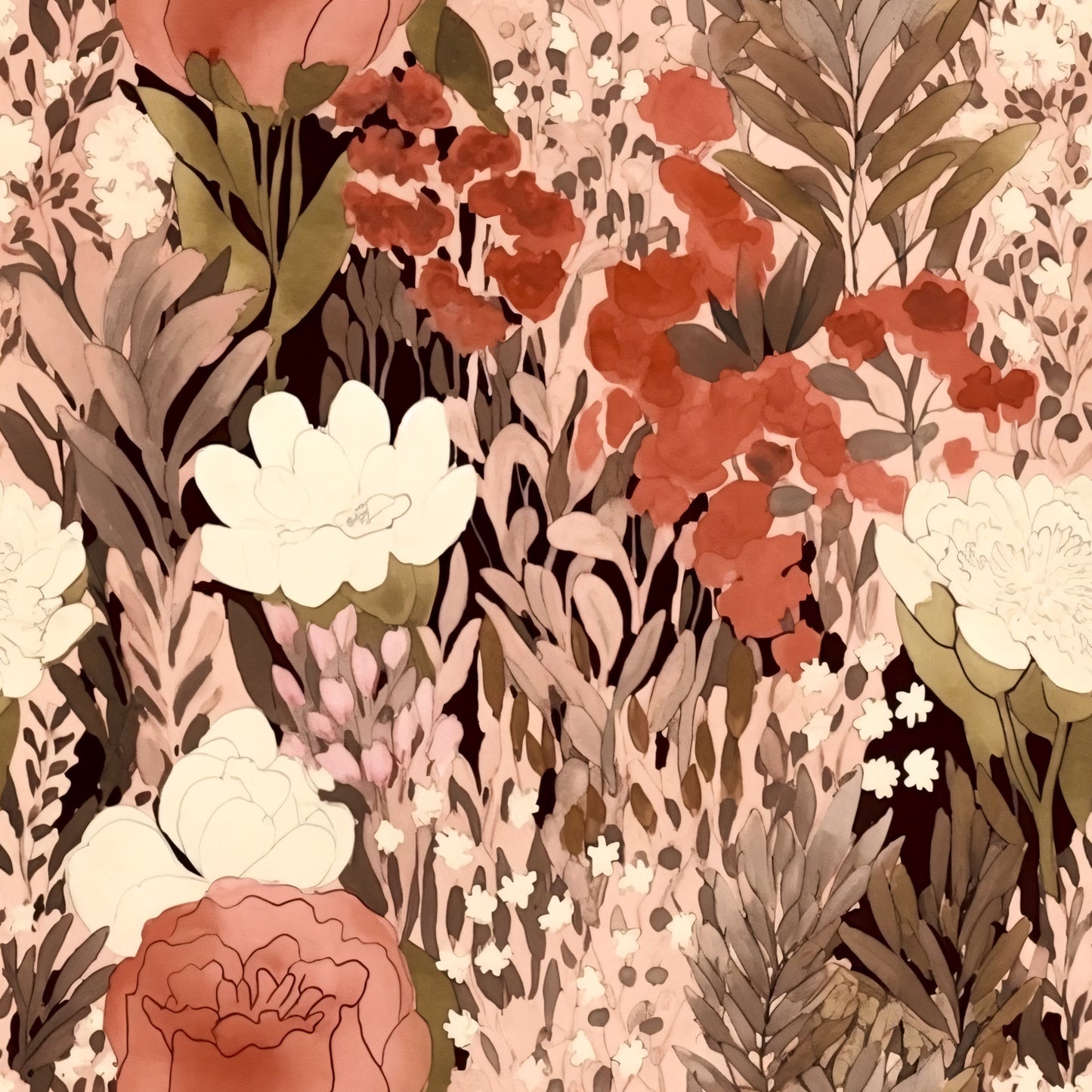 Terracotta Blush Beige Watercolor Florals Pattern 15 Quilting Cotton Fabric