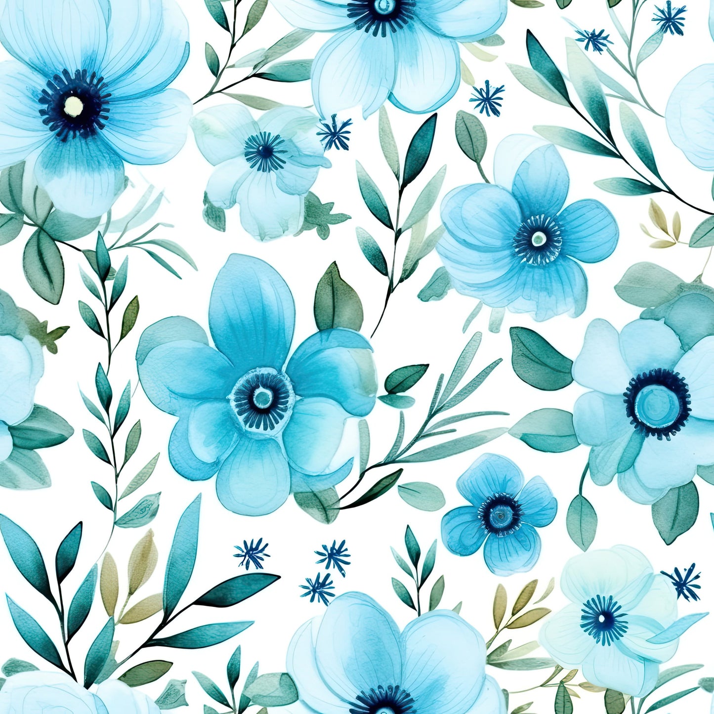 Turquoise Watercolor Flower Pattern 11 Quilting Cotton Fabric
