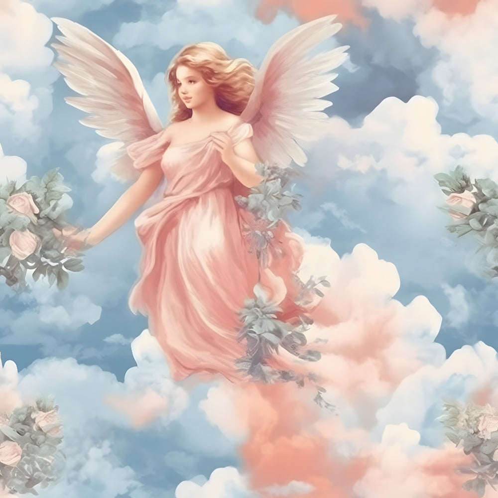 Painting of an angel with wings wearing a pink gown, holding flowers, and surrounded by clouds in a pastel sky.