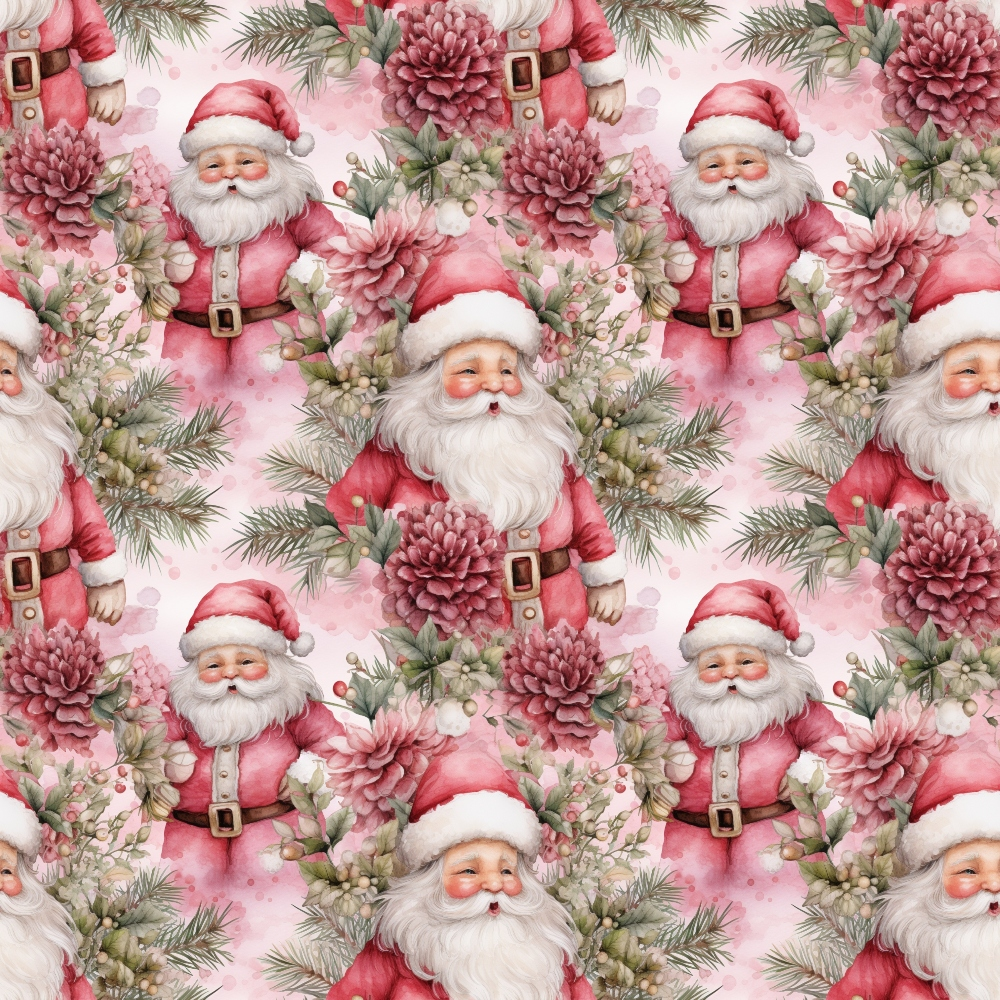 Pattern with multiple Santas in red suits, surrounded by pink flowers and green Christmas foliage on a light background.