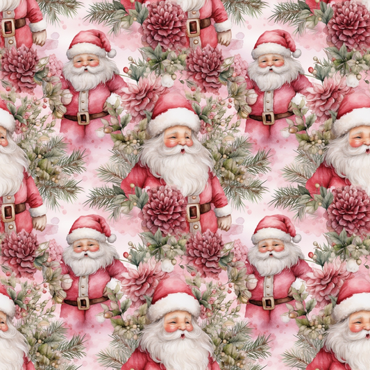 Pattern with multiple Santas in red suits, surrounded by pink flowers and green Christmas foliage on a light background.