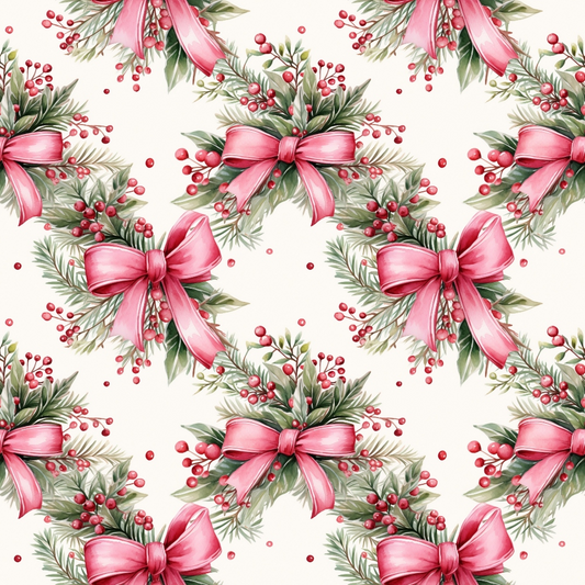 Seamless pattern of pink bows with greenery and red berries on a light background.