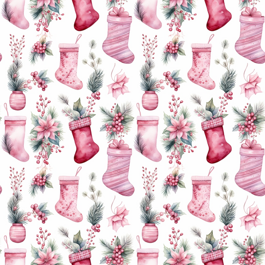 Pattern featuring red and pink Christmas stockings, holly, pine branches, poinsettias, and ornaments on a light background.