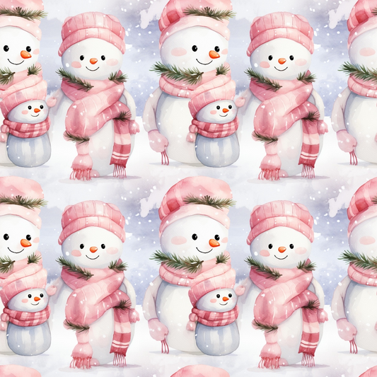 Repeating pattern of cartoon snowmen wearing pink hats and scarves, against a snowy background.