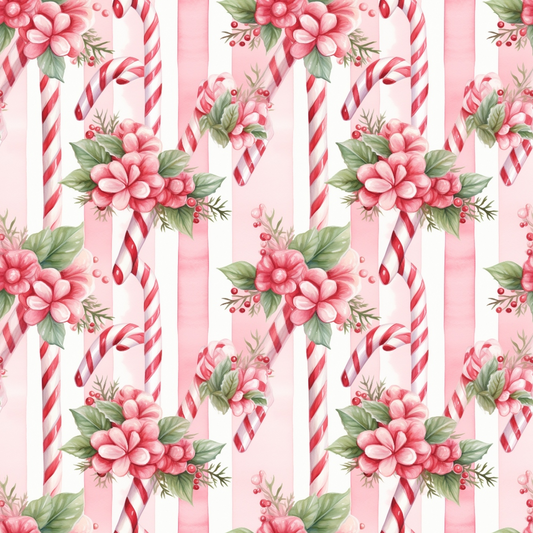Pattern of candy canes, pink flowers, and green leaves on a light pink striped background.