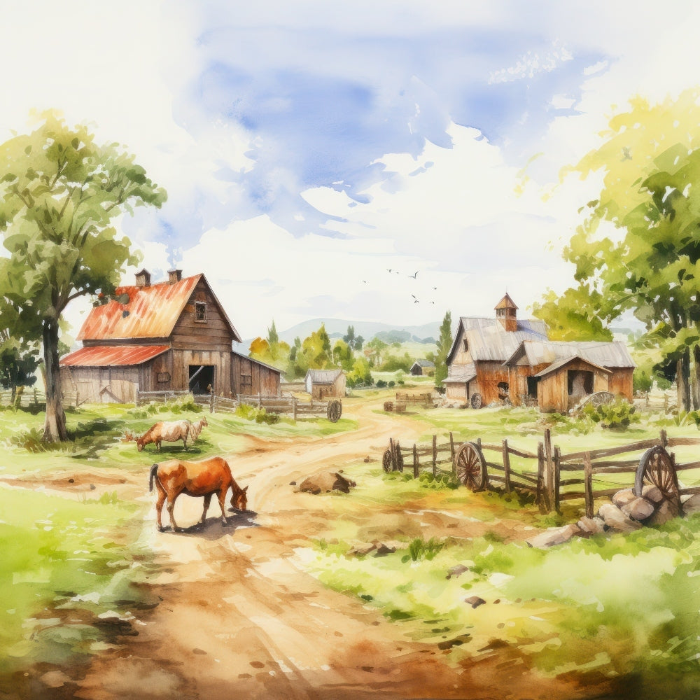 Watercolor Farm Life Fabric Panel 11