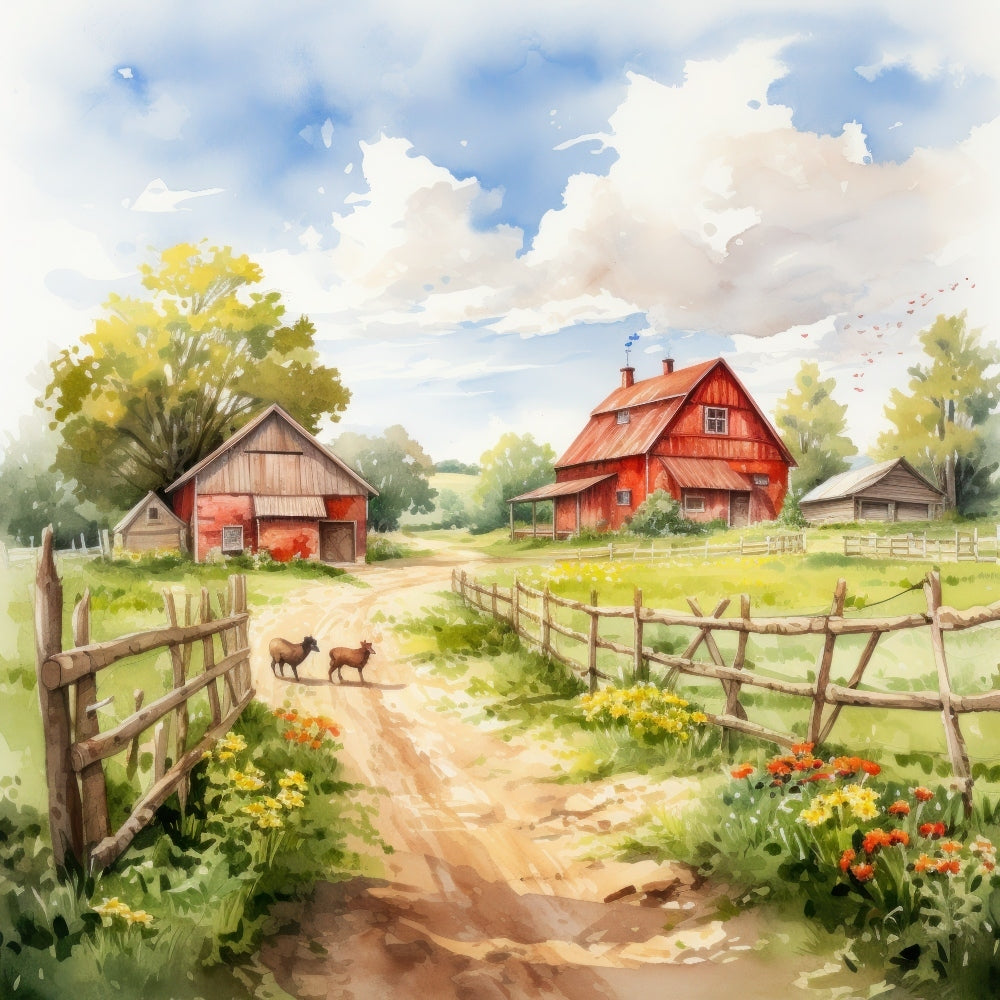 Watercolor Farm Life Fabric Panel 12