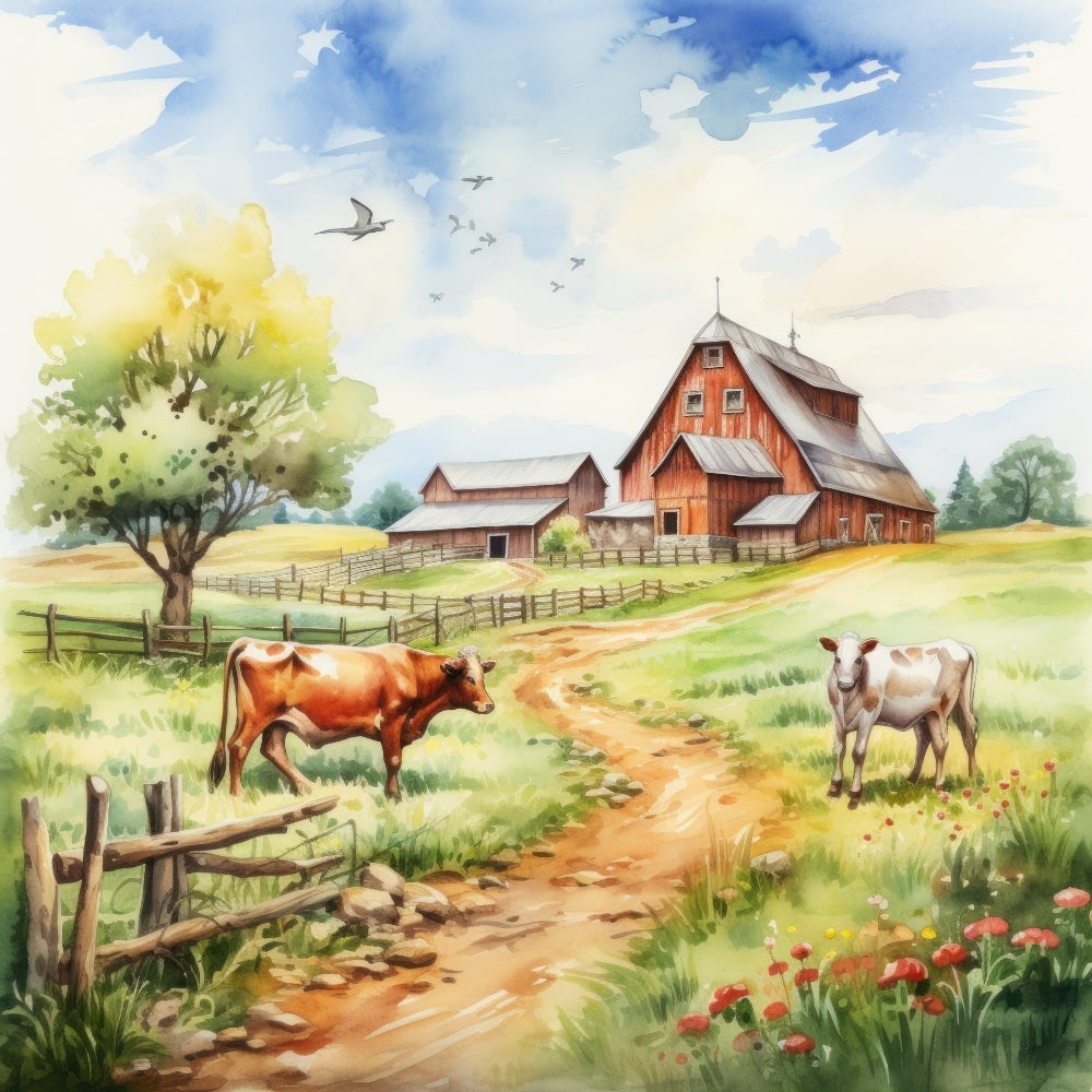 Watercolor Farm Life Fabric Panel 13