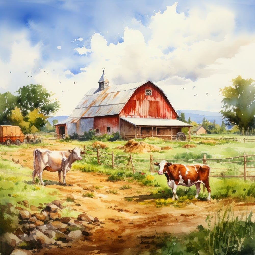 Watercolor Farm Life Fabric Panel 14