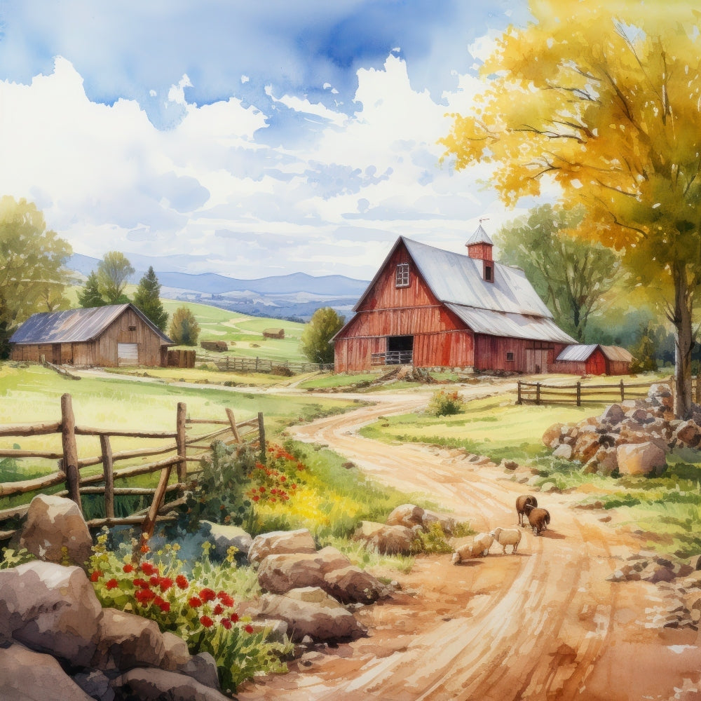 Watercolor Farm Life Fabric Panel 5