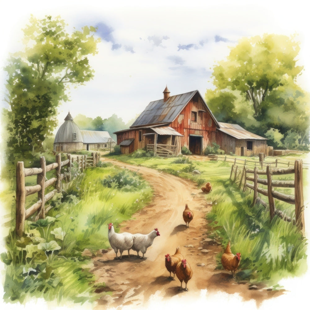 Watercolor Farm Life Fabric Panel 6