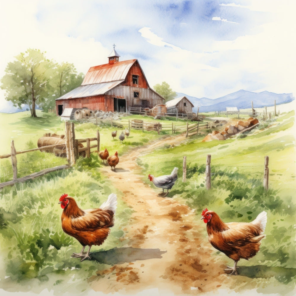 Watercolor Farm Life Fabric Panel 7
