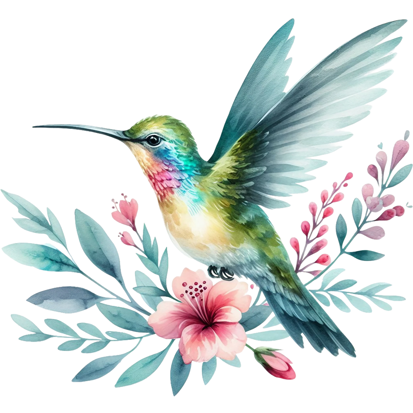Watercolor Hummingbird Floral Fabric Panel 14
